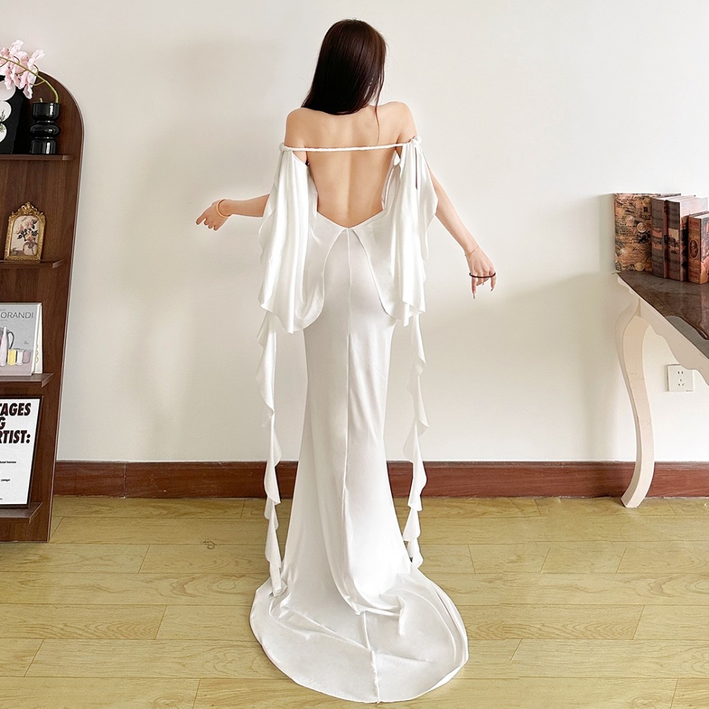 Klalien Đầm Maxi Cổ Nỉ Không Lưng Hoa Ruched 3D, Thoáng Mát Mùa Hè
