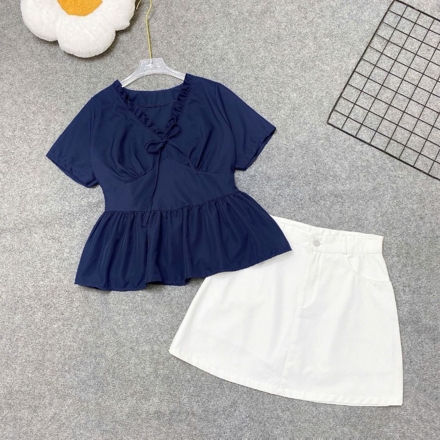 Set Bigsize Cô Nhỏ Áo Kiểu Baby Doll Ngắn Tay Kèm Chân Váy Kaki Dáng A Lưng Cao A315+CV11