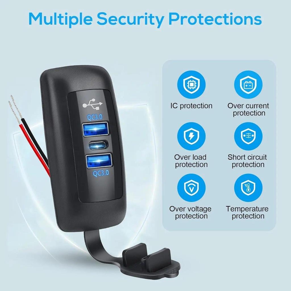 Sạc Xe Hơi USB Dual QC3.0 PD Type-C Sạc Tự Động Đa Năng Chống Thấm Nước Và Chống Bụi 12-24V Cho Xe Máy Ô Tô ATV Thuyền