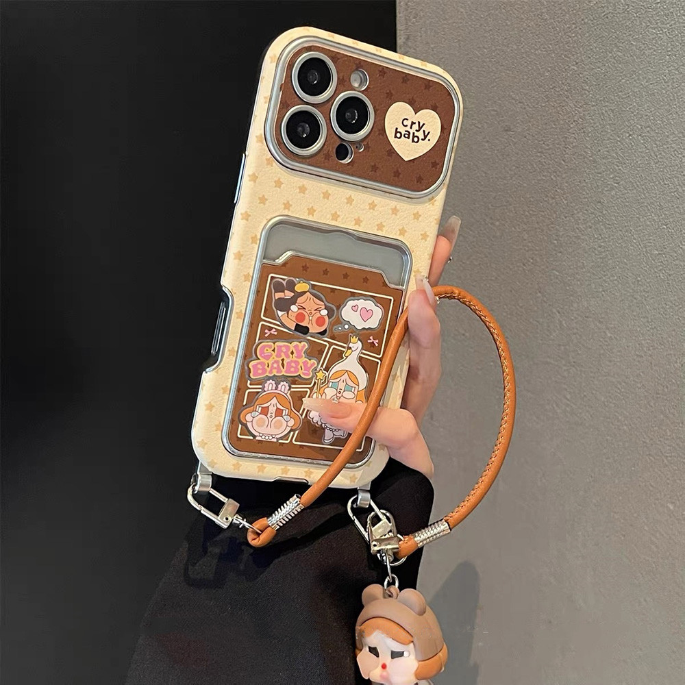 Trái Tim Tình Yêu Cô Gái Khóc Dây Túi Đựng Thẻ Mạ Da Vỏ Điện Thoại Cho iPhone 17 Pro Max 16 15 14 13 Vỏ Bảo Vệ Chống Sốc