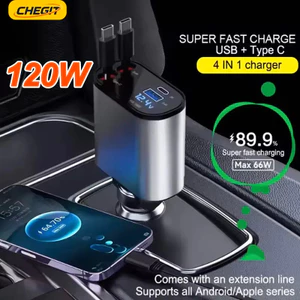 120W 4 Cổng Sạc Xe Hơi Có Thể Thu Vào Thuốc Lá Ô Tô Bật Lửa Adapter USB Loại C Cáp Sạc Nhanh Cho IPhone Xiaomi Huawei Samsung