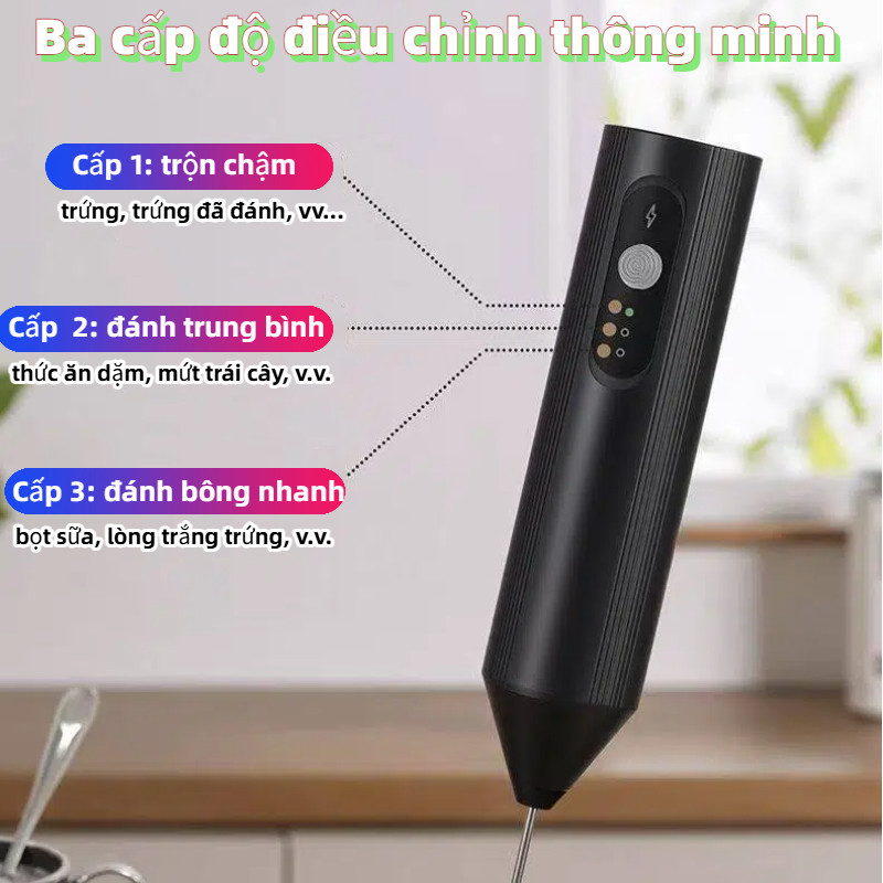 Máy đánh bọt sữa sạc Type-C: 3 tốc độ, gọn nhẹ, đa năng + nắp đựng