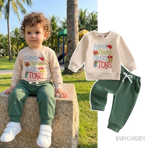 Tập Đi Bé Trai Mùa Thu Trang Phục Vận Chuyển Đồ Họa Áo Dài Tay Và Dây Rút Quần Jogger Bộ 2 Mảnh
