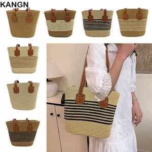Túi đeo vai dệt KANGN, Túi Tote vuông dung tích lớn, Túi đeo nách ống hút sọc thông thường mùa hè