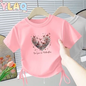 Bé Gái Dây Rút Ngắn Top Bướm In Hình Trái Tim Thư Giãn Phù Hợp Với Bé Gái Giải Trí Hàng Ngày Mặc Đơn Giản