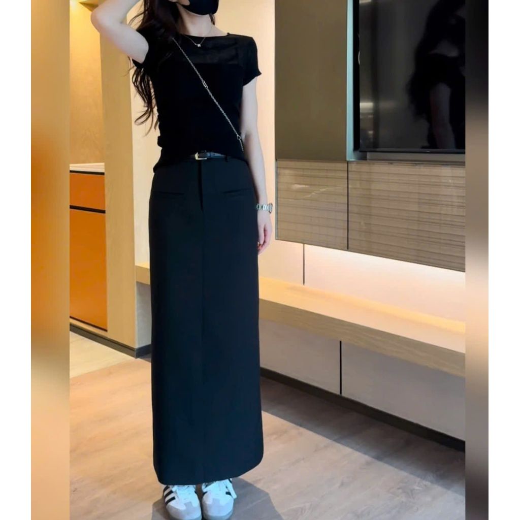 (DEAL MỞ BÁN)Chân váy A phong cách hàn dáng dài 90cm  chất umi co giãn 4 chiều cao cấp CV10B
