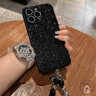 Tương thích cho iPhone 17 Air 16E 16 15 14 Plus 13 12 11 Pro Max Ốp điện thoại có dây đeo hạt màu đen Bạc lấp lánh sáng bóng Vỏ sang trọng
