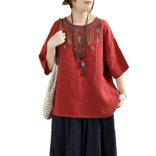 Váy Áo Retro Thêu, Vải Lanh Cotton, Cổ Tròn, Half Sleeve - Nữ