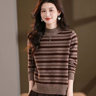 Áo len dệt kim sọc dài tay nữ thu đông Áo len nửa cổ cao Loo