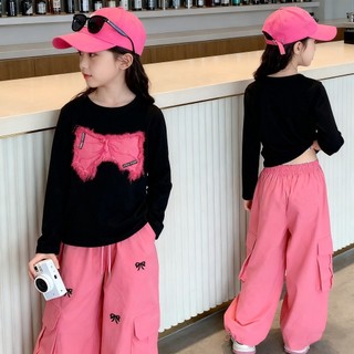 Set đồ Bé GáI HàN QuốC MớI: ÁO+QuầN DàI, Nơ CáCh đIệU, VảI ThoáNg Khí Set đồ Cho Bé GáI