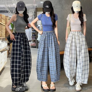 [Ưu đãi đặc biệt trong thời gian có hạn] Spike Thời trang chất lượng cao dành cho nữ Quần cong kẻ sọc phong cách Hàn Quốc dành cho nữ 26 mùa hè dáng rộng che phủ toàn bộ thịt Slimer Look Thoải mái hơn Mắt cá chân thông thường @