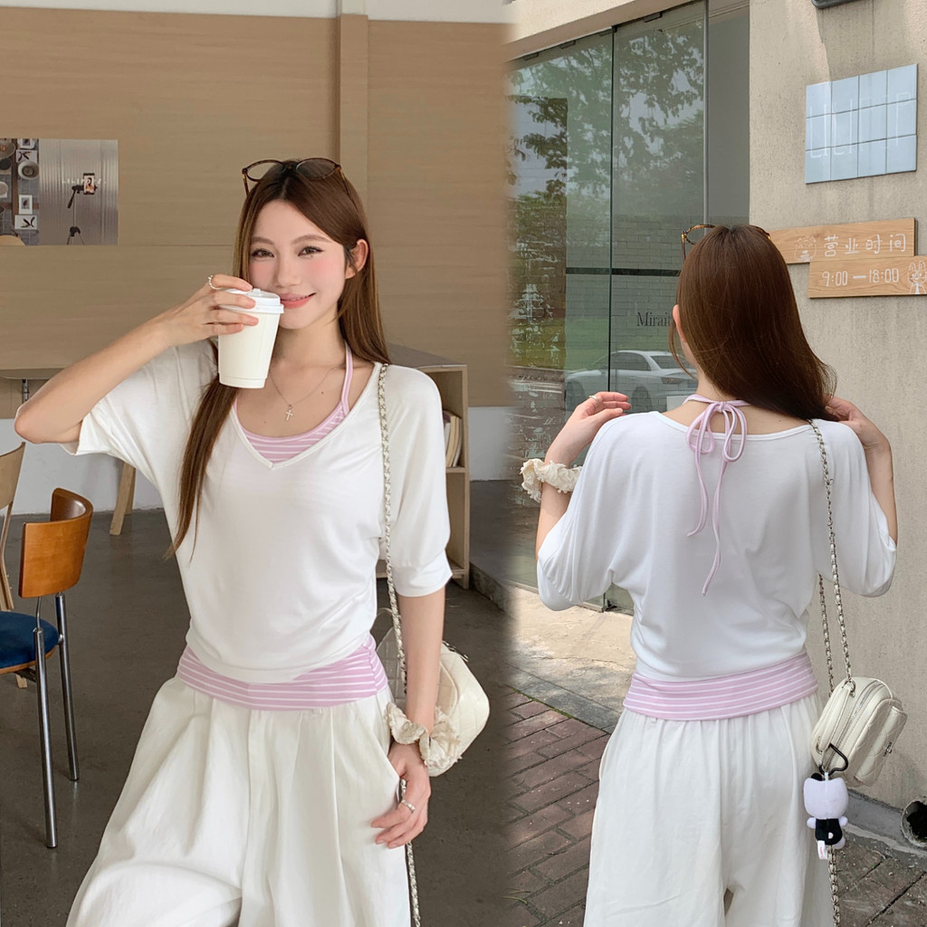 SUXI Áo thun cổ chữ V cổ tròn màu trơn mùa hè mới dành cho nữ 260513