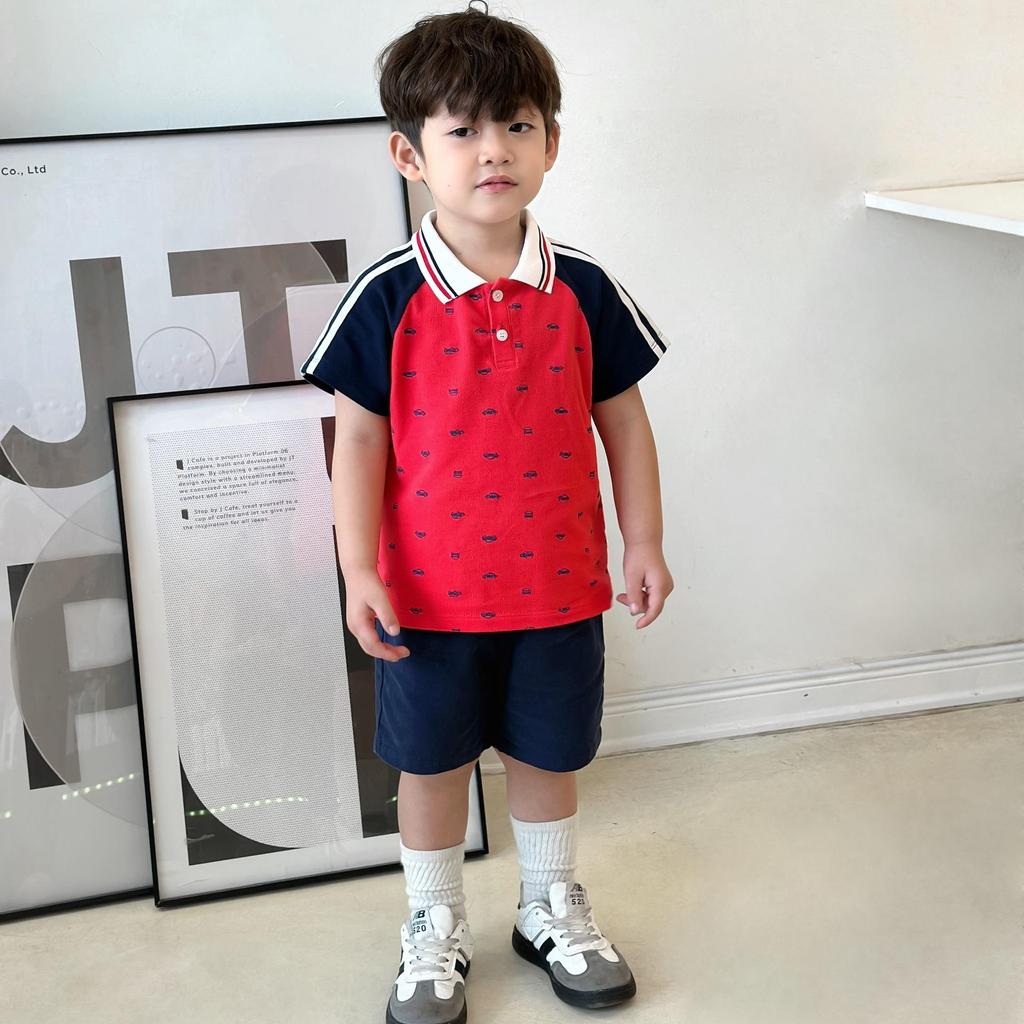 Bộ quần áo POLO TAY RAGLAN IN OTO ĐỎ CHO BÉ TRAI,  Bộ quần áo chất POLO thoải mái cho bé