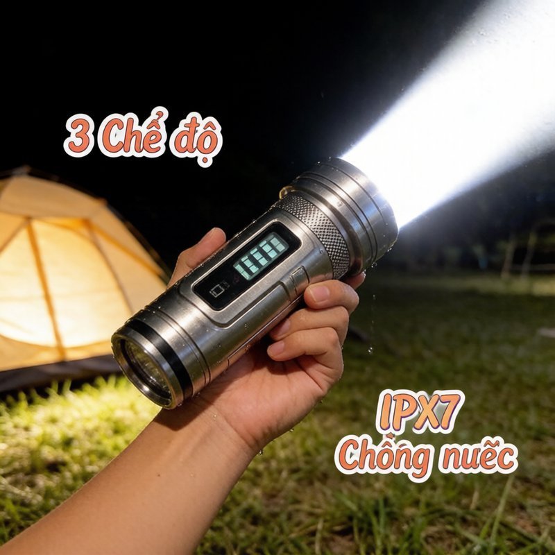 Đèn pin siêu sáng, chống nước IPX7, sạc nhanh USB, thời lượng pin dài, kích thước nhỏ gọn, dễ mang theo, bền bỉ.