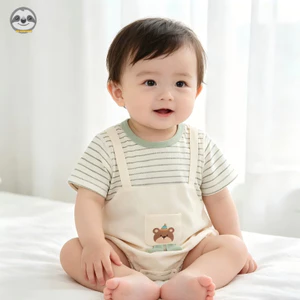 Bộ áo liền quần Cotton nguyên chất hai mảnh giả mùa hè cho bé / Bộ đồ ngắn tay sọc sơ sinh / Bộ đồ liền thân hình tam giác mềm mại thoải mái