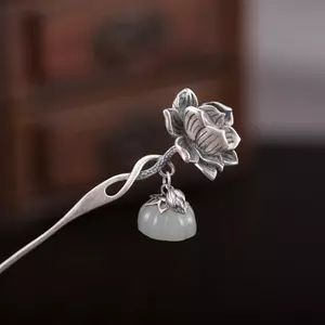 S925 Bạc Kẹp Tóc Hetian Ngọc Kẹp Tóc Cổ Kẹp Tóc Hanfu Sườn Xám Phụ Kiện Tóc Phụ Kiện