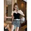 Thiết kế thích hợp mùa hè Cảm giác giả hai mảnh thời trang xếp ly Áo thun ngắn tay nữ nhỏ gợi cảm Slim-Fit