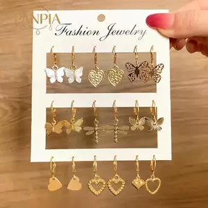 PNPIA- 9 Cái / bộ Dễ Thương Bướm Trái Tim Thả Bông Tai Bộ Thời Trang Vàng Màu Bạc Hình Học Bông Tai Kim Loại Phụ Kiện Trang Sức Quà Tặng