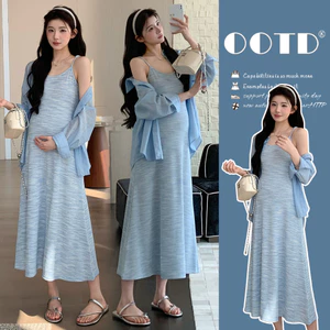 Bộ đồ bà bầu Váy Vest thường ngày mùa hè + Áo sơ mi sọc Bộ đồ hai mảnh