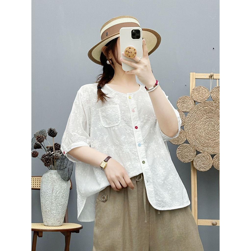 [Sẵn sàng] Áo sơ mi nữ Cotton chất lượng cao Nút màu thêu Jacquard tay ngắn dáng rộng Áo sơ mi ren công nghiệp