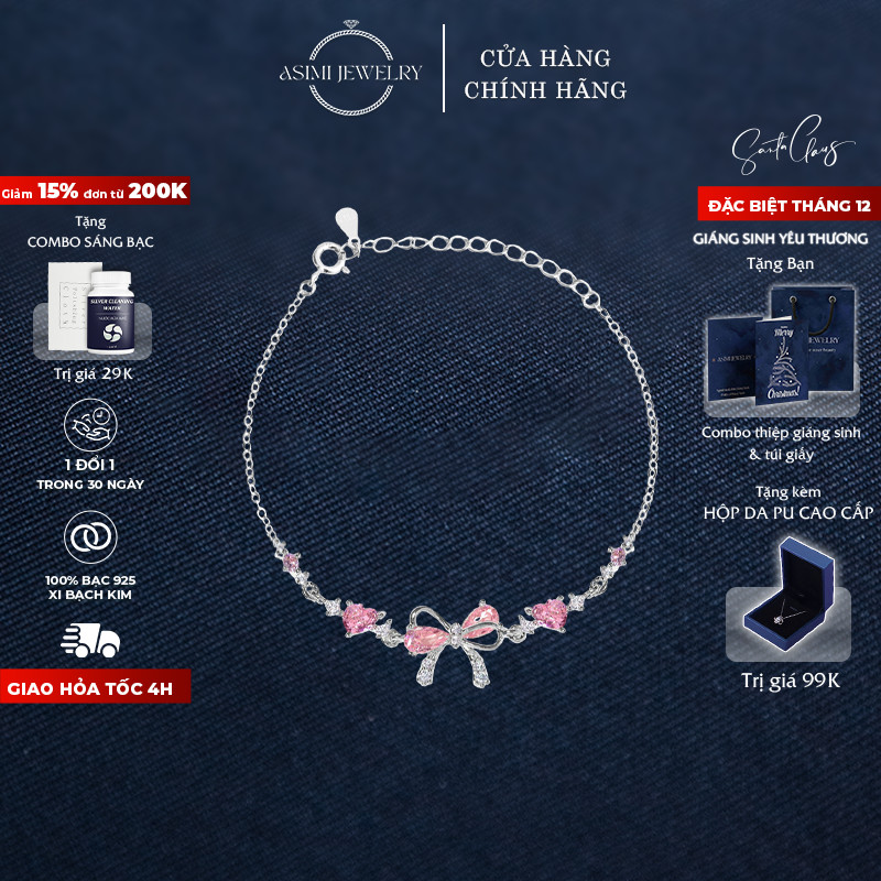 Lắc tay bạc nữ nơ hồng Daisy Asimi, vòng tay bạc Ý S925 dịu dàng trong veo Daisy Róse LT43