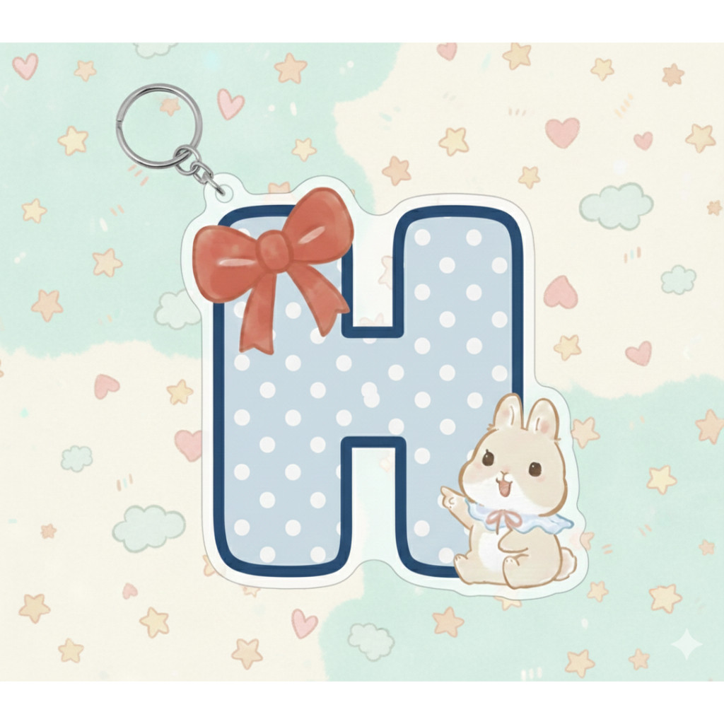 MÓC  KHOÁ CHỮ CÁI THỎ BUNNY XANH CHẤM BI