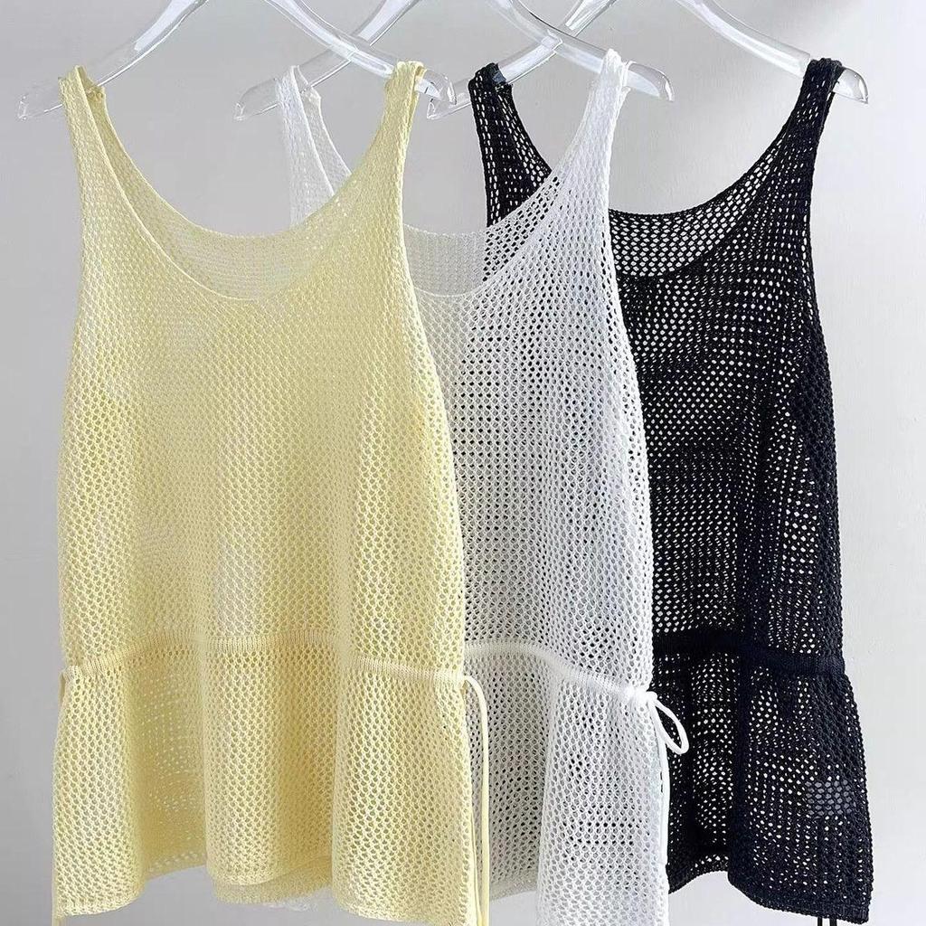 [Seckill có hạn trong thời gian] Phong cách Hàn Quốc Mùa hè mỏng hơn có thể xếp lớp eo hẹp Áo Vest dệt kim rỗng Váy Sling B