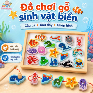 Đồ chơi gỗ câu cá nam châm – Sinh vật biển, ghép hình, xâu dây – Rèn luyện tay mắt, phát triển trí tuệ cho bé