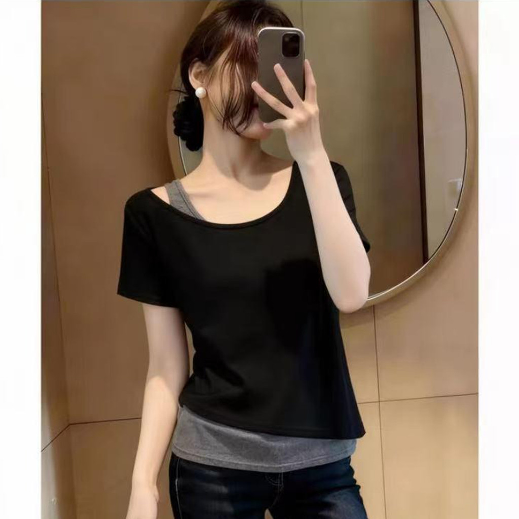 [260g Human Cotton 92 Viscose 8 Spandex] Áo thun ngắn tay hai mảnh giả thiết kế mùa hè dành cho nữ