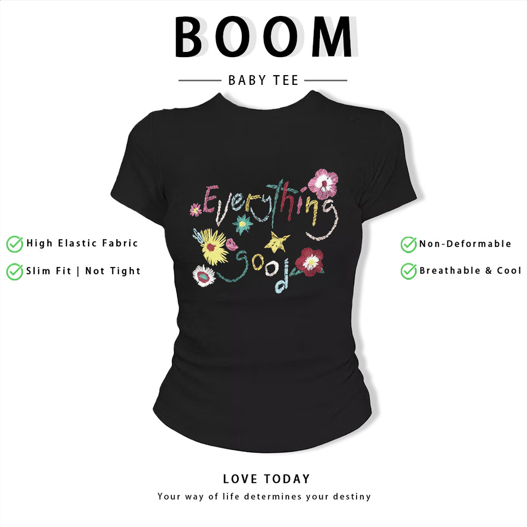 BOOM Áo Baby Tee Nữ Cotton Ôm Body-Áo Thun Ngắn Tay Y2K In Hình PhongCách Mùa Hè, Cổ Tròn Hàng Đầucách hàn quốc phongC47