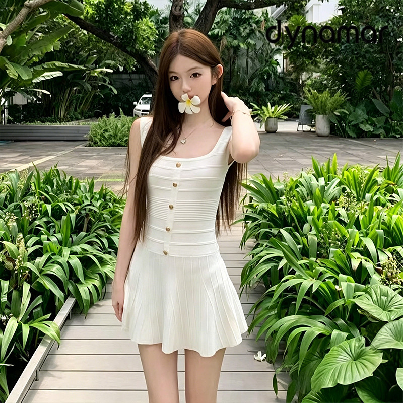 【dynamar】Đầm dệt kim cổ vuông không tay dáng ôm chữ A ngắn cho nữ, thời trang mùa hè.