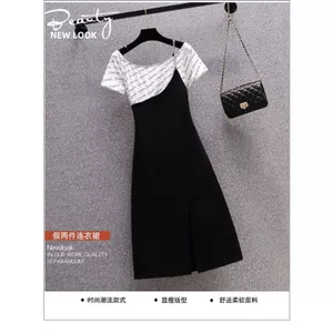 Mùa hè Phong cách mới Thời trang Plus Size Quần áo nữ Fat Sister Slimmer Look Fake Two-Piece Split Dress Tay ngắn