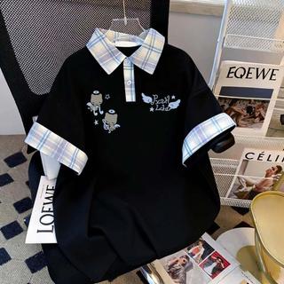 [Hàng mới về] Áo sơ mi POLO in hình hoạt hình dễ thương Áo thun ngắn tay mùa hè Phong cách Preppy Màu sắc tương phản Khâu ve áo