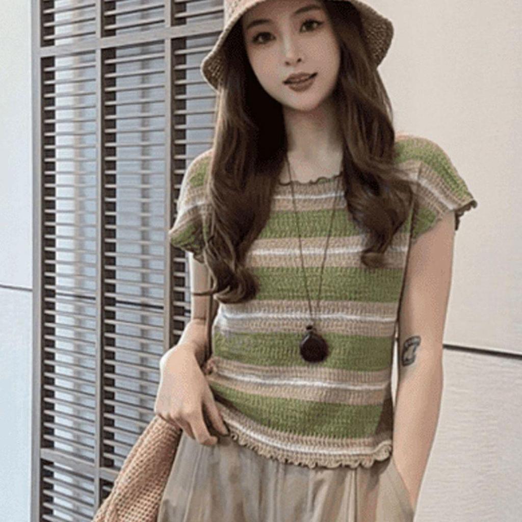 [Giảm giá 50%] Áo thun dệt kim viền nấm sọc xanh phong cách Hàn Quốc dành cho nữ Thiết kế mùa hè nhẹ thoáng khí Áo đẹp