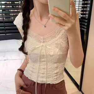 Slim-fit Slimer Look Lace Bow Áo ghi lê tay bay nhỏ