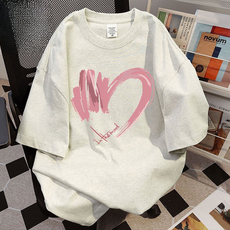 （Giao hàng 24h）Angela Áo thun nữ dáng rộng Unisex mùa hè Họa tiết trái tim in Áo phông Hàn Quốc 100% cotton