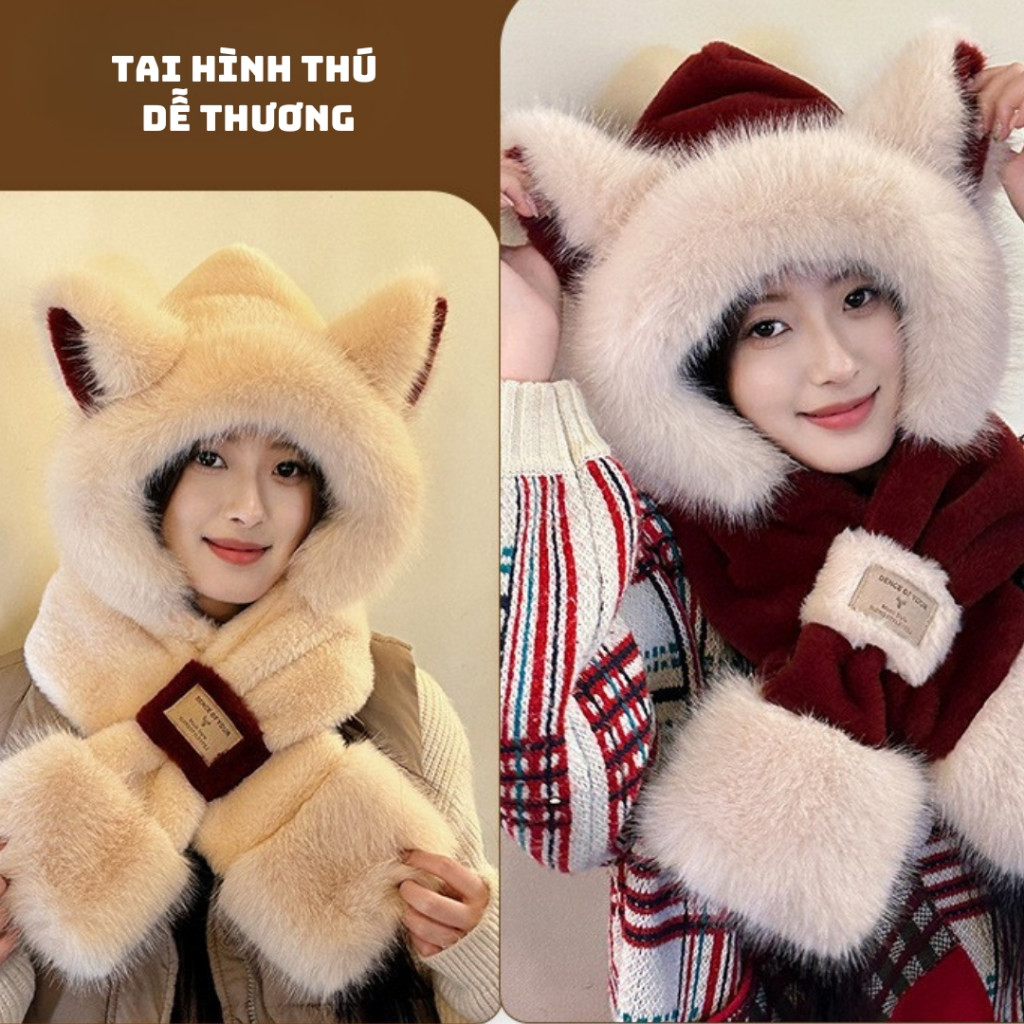 Mũ len nữ lông cừu dễ thương mũ len nữ trùm đầu kèm khăn quàng cổ giữ ấm thời trang