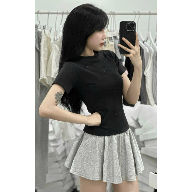 Áo thun baby tee đính nhiều nơ chất cotton co dãn phong cách Hàn Quốc M150