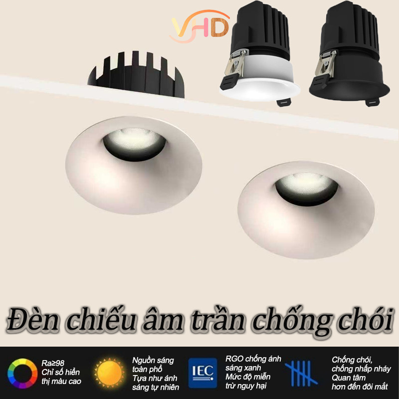 Đèn LED Âm Trần Spotlight Chống Chói 12W - Chip COB 3 Màu Ánh Sáng, Chất Lượng Cao, Lỗ Khoét 75mm