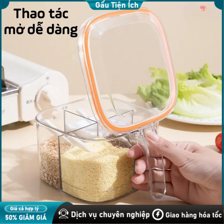 Hũ gia vị 4 ngăn nhà bếp - Giữ tươi, dễ cất, Hũ, Hộp Đựng Gia Vị, Đa Năng, 4 Ngăn, Kèm Muỗng, Có Nắp Đậy