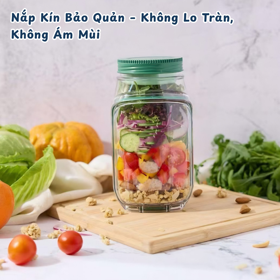 Hộp Salad Healthy Có Ngăn Sốt Riêng – Cốc Đựng Yến Mạch, Trái Cây Nắp Kín Chống Tràn Mang Đi Làm Tiện Lợi