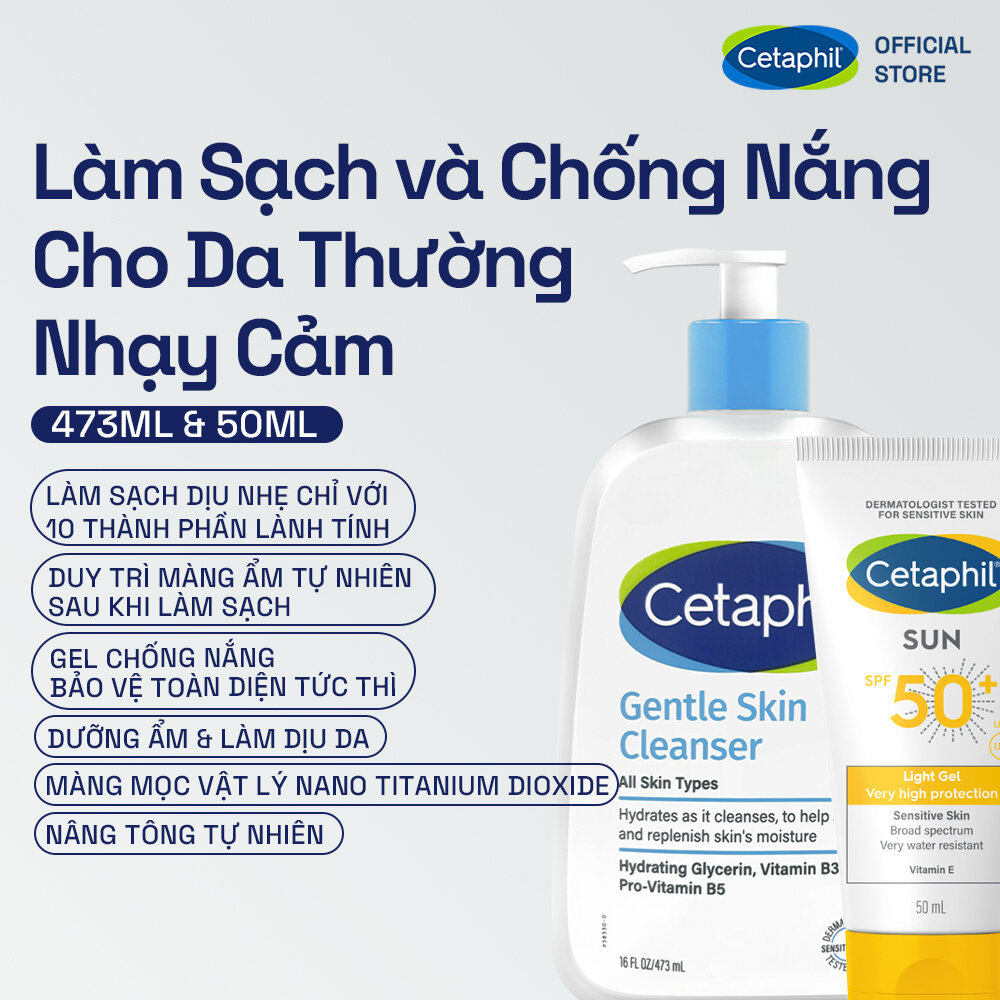 Combo Sữa rửa mặt CETAPHIL GENTLE SKIN CLEANSER 473 ML + Gel chống nắng cho da nhạy cảm Cetaphil Sun SPF 50+ Light Gel
