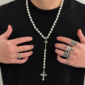 Vòng cổ hình ngọc trai giả Unisex - Mặt dây chuyền chữ thập đôi mạ bạc - Có thể điều chỉnh 51-60cm - Trang sức hàng ngày tối giản