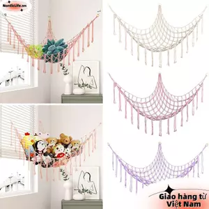 Võng đồ chơi NORDICLIFE, Dụng cụ sắp xếp lưu trữ treo góc tường dệt, Tua rua dây Cotton Lưới nhồi bông Võng