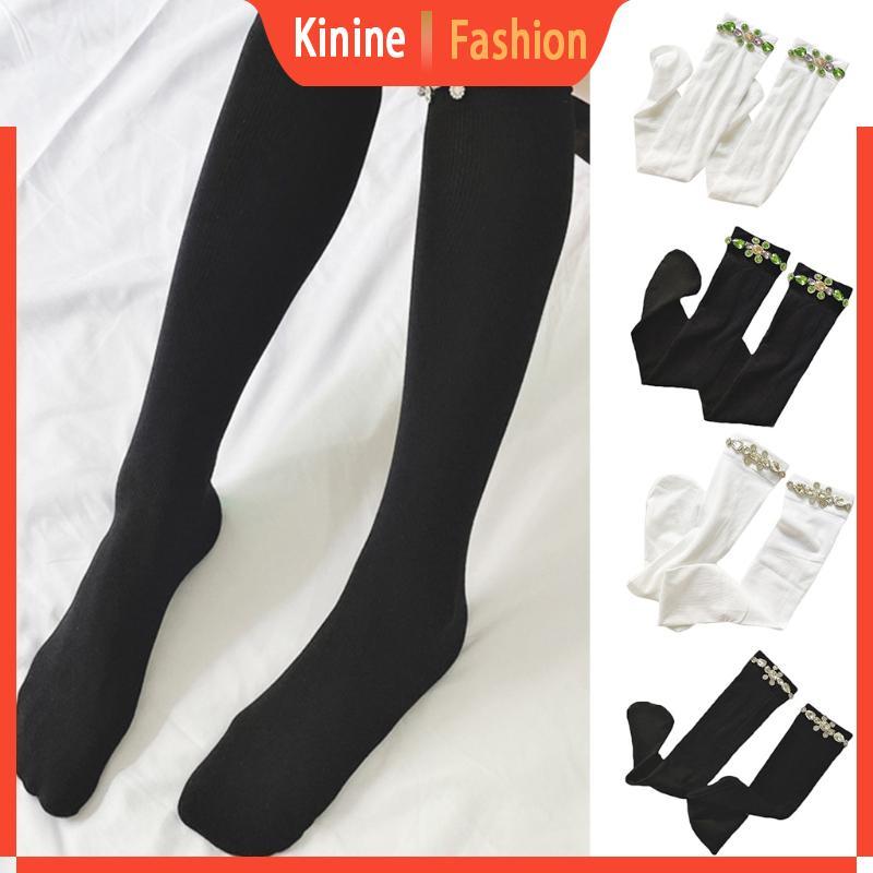 KIN Nữ Mùa Hè Sọc Co Giãn Đầu Gối Preppy Phong Cách Gothic Màu Giả Pha Lê Kim Cương Vớ