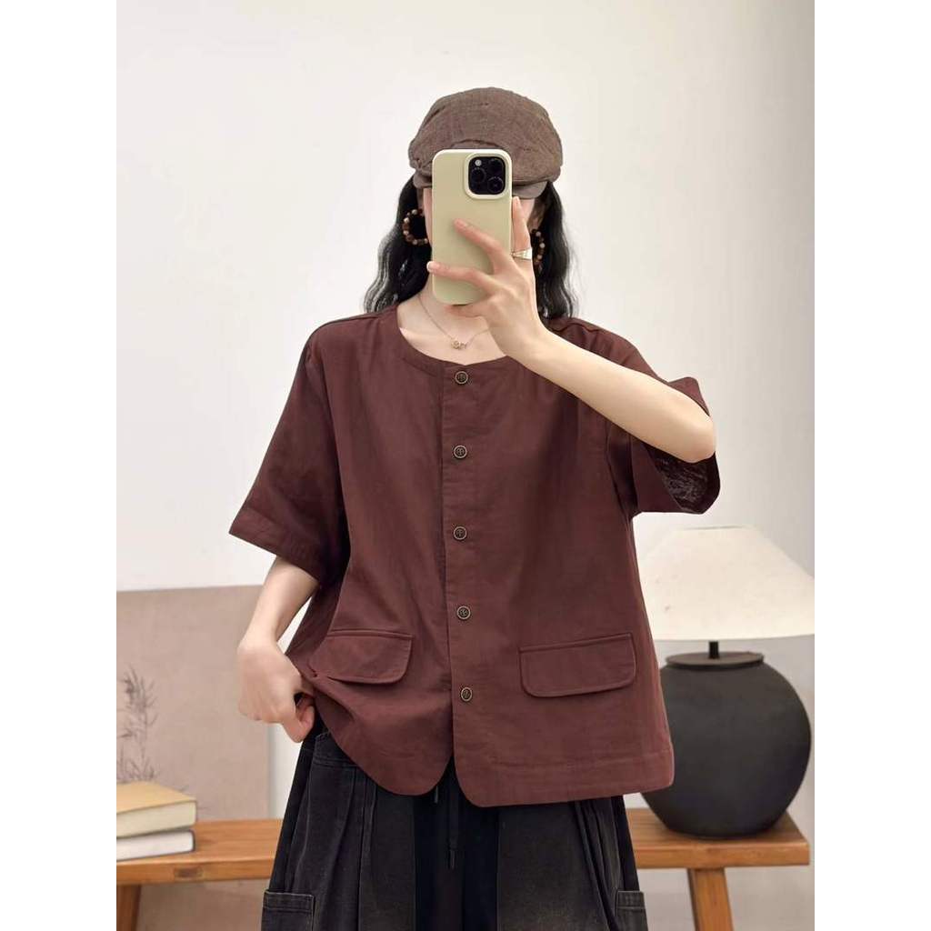 Áo Sơ Mi Nữ Cổ Đứng Tay Ngắn Màu Trơn Sợi Cotton Cao Cấp Túi Lớn