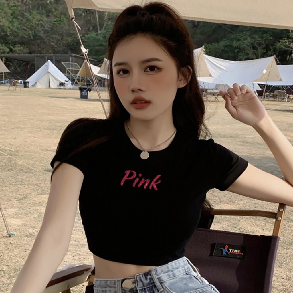 Áo Croptop Tay Ngắn  In Chữ Pink Lấp Lánh A51007