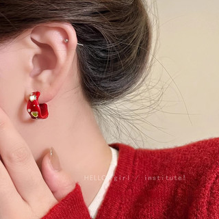 Bông Tai Giáng Sinh Màu Đỏ Hình Chữ C Zircon Trái Tim Bông Tai Dành Cho Nữ Thu Đông Retro Giáng Sinh Phong Cách Mới Cao Cấp Thanh Lịch Vòng Bông Tai Trang Sức Giáng Sinh, Quà Tặng Giáng Sinh