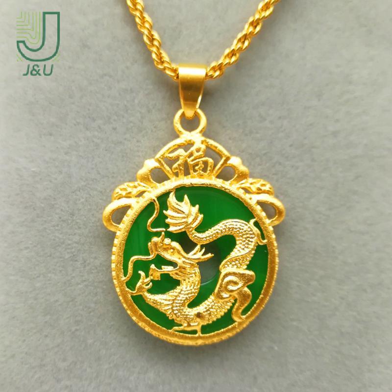 J & U Mặt Dây Chuyền Rồng Đá Xanh và Vàng - Phù hợp cho Nam/Nữ, May Mắn và Thời Trang
