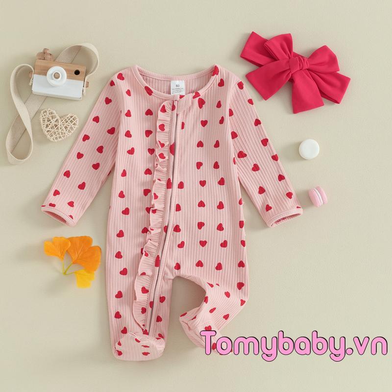 Trẻ Sơ Sinh Bé Gái Ngày Lễ Tình Nhân Áo liền quần Tay Dài Xù In Hình Trái Tim Zip Up Romper Có Nơ Băng Đô